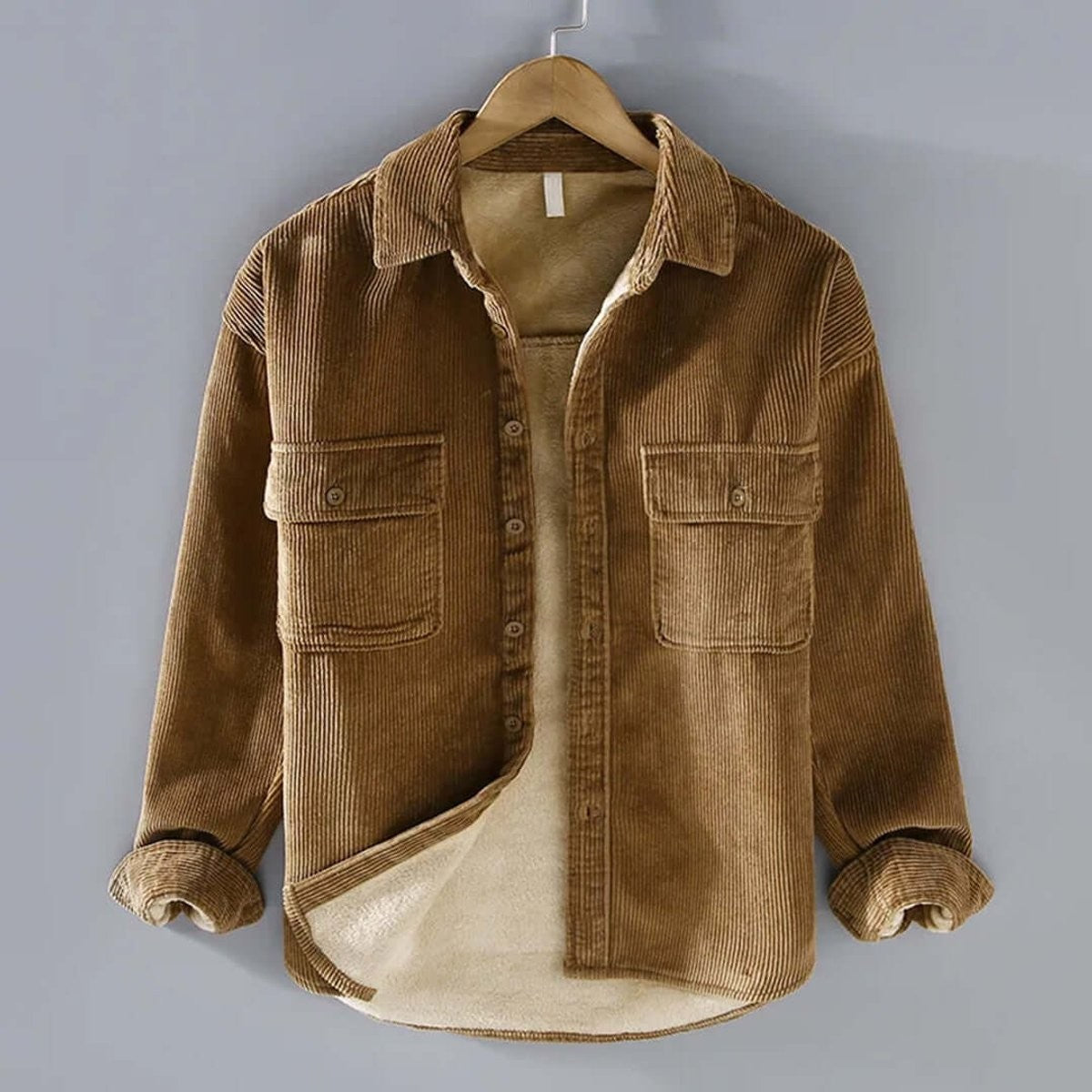 Camel corduroy shacket with fleece lining and twin chest pockets