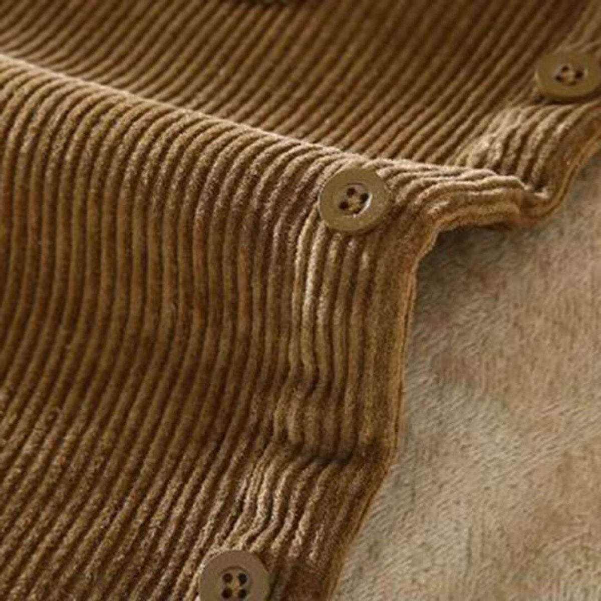 Detail of button cuff and fleece lining on corduroy shacket sleeve
