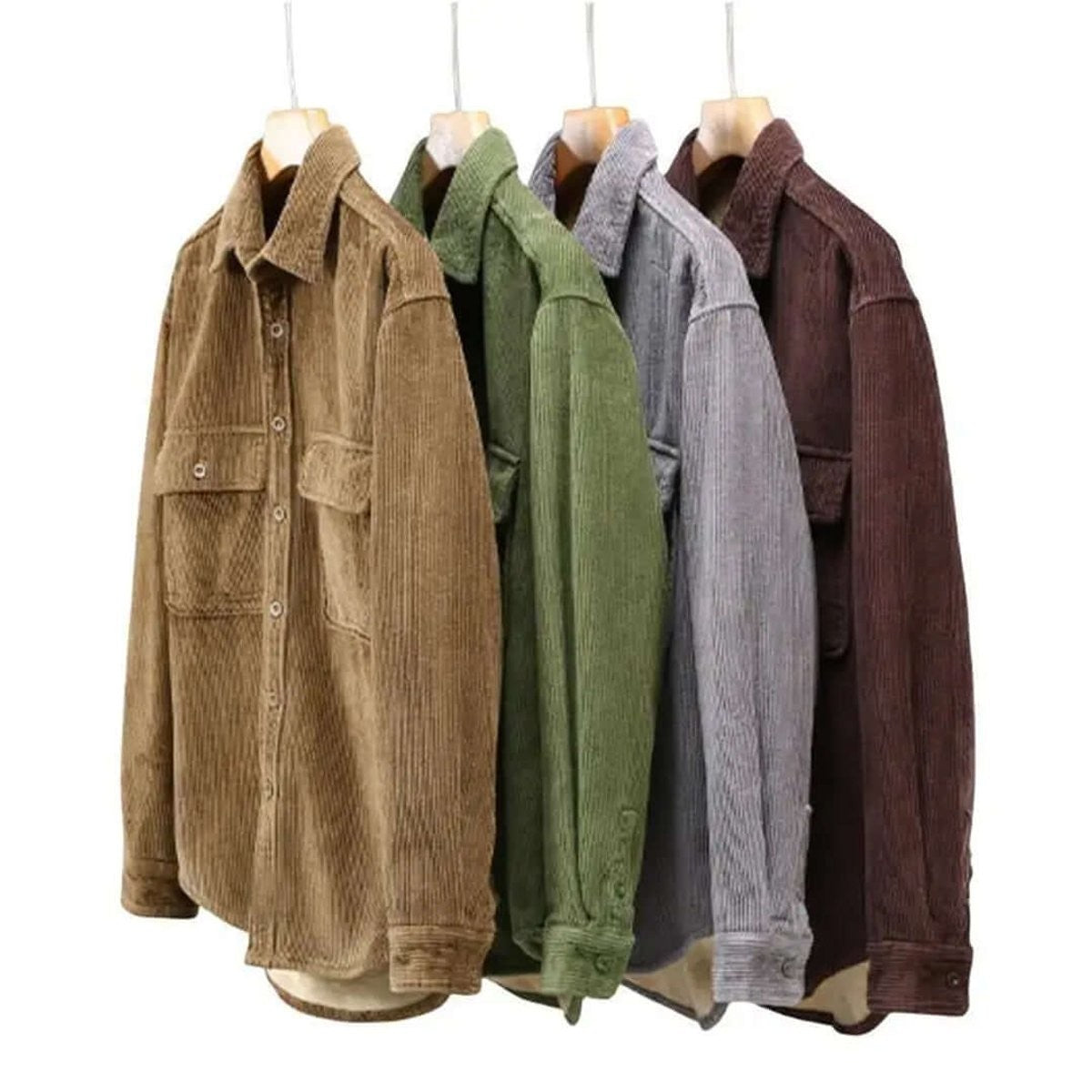 Four corduroy shackets in camel, green, grey and brown shades
