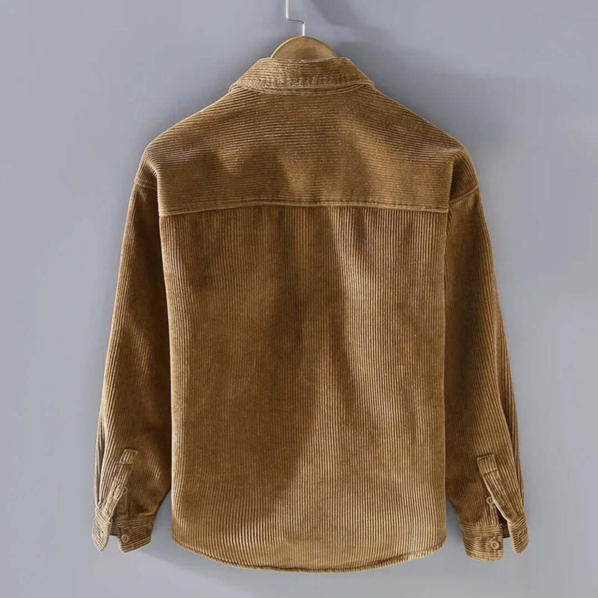 Rear view of camel corduroy shacket showing ribbed texture and yoke