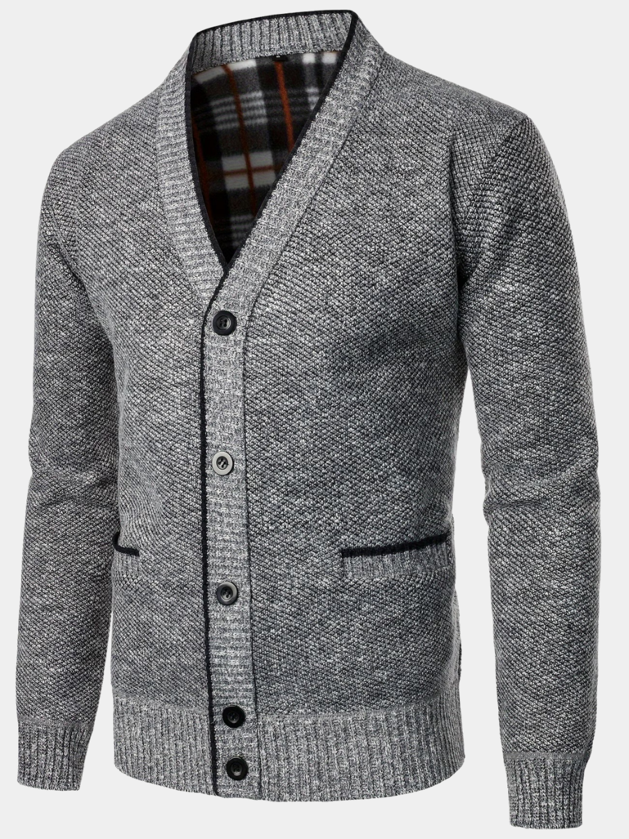 Grey marl knit cardigan with plaid fleece lining and button front