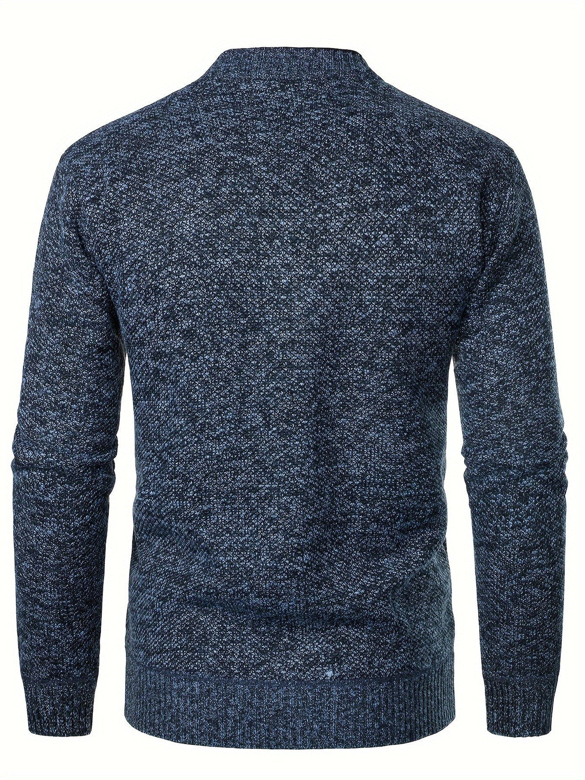 Back view of navy marl knit cardigan with long sleeves