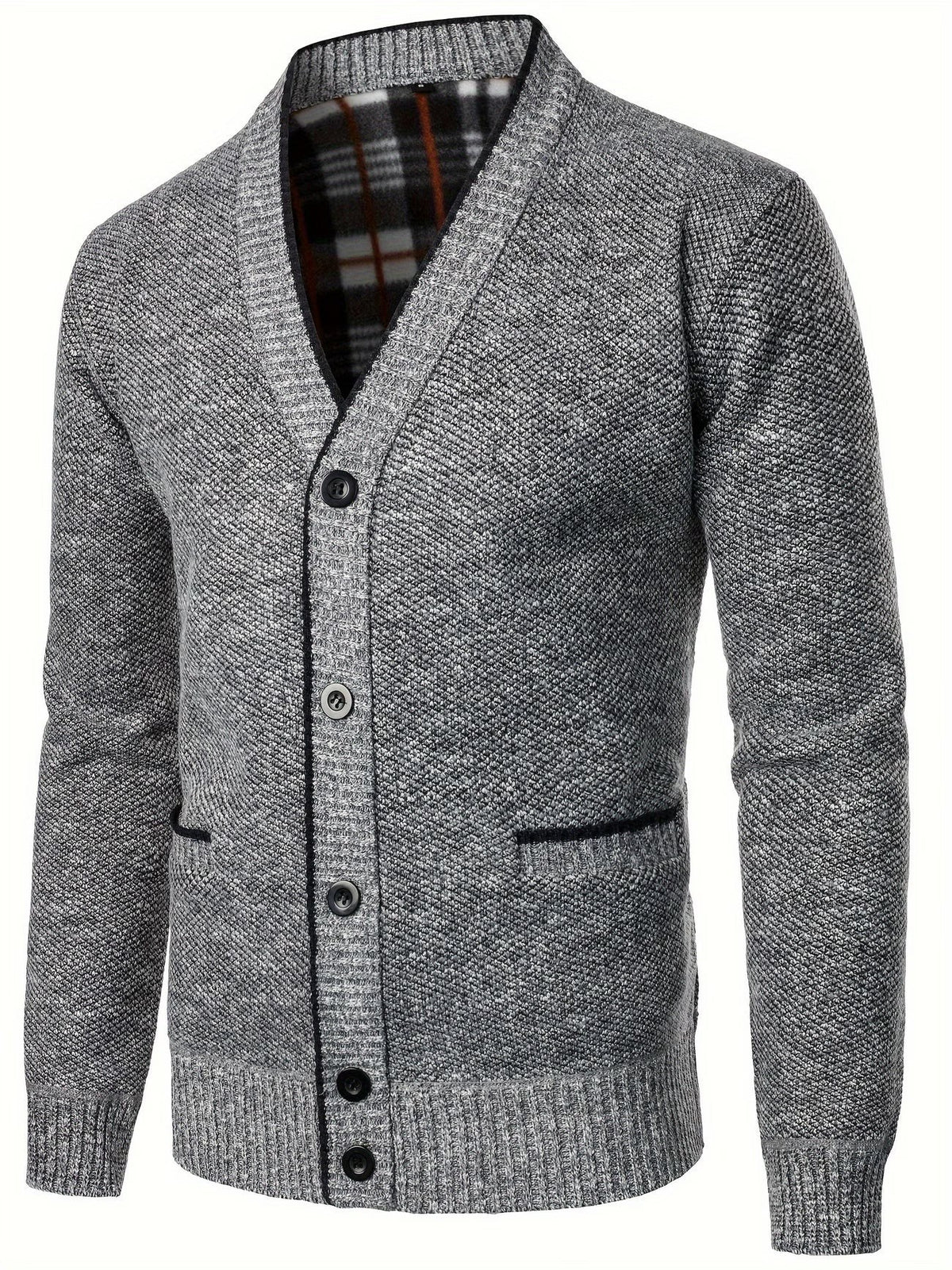 Side angle of grey knit cardigan showing ribbed pockets and buttons