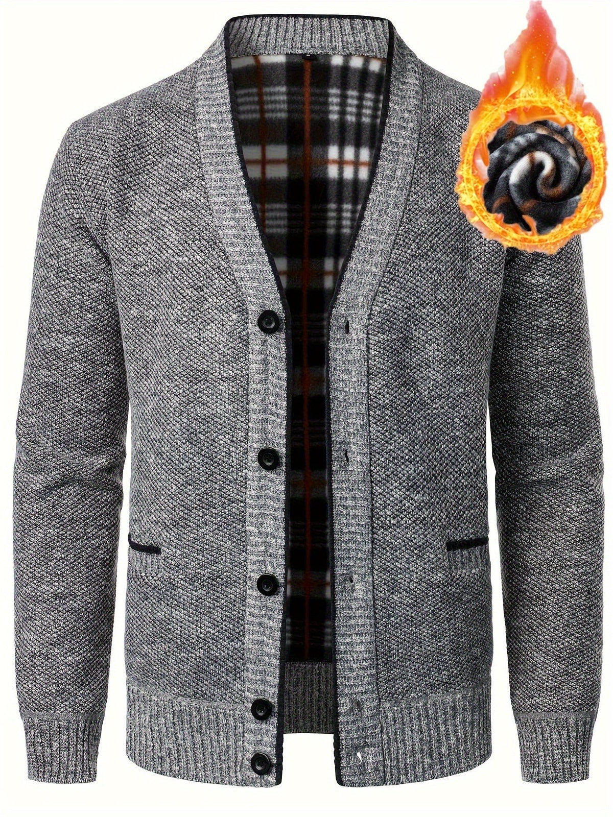 Grey textured cardigan with tartan fleece lining and shawl collar