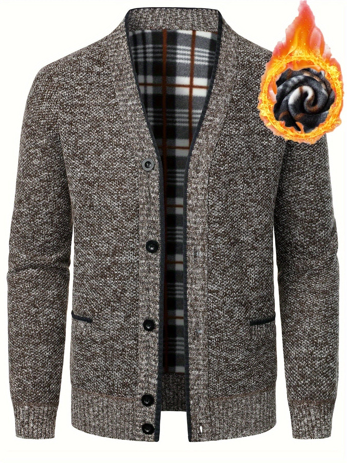 Brown marl fleece-lined cardigan with black button fastening