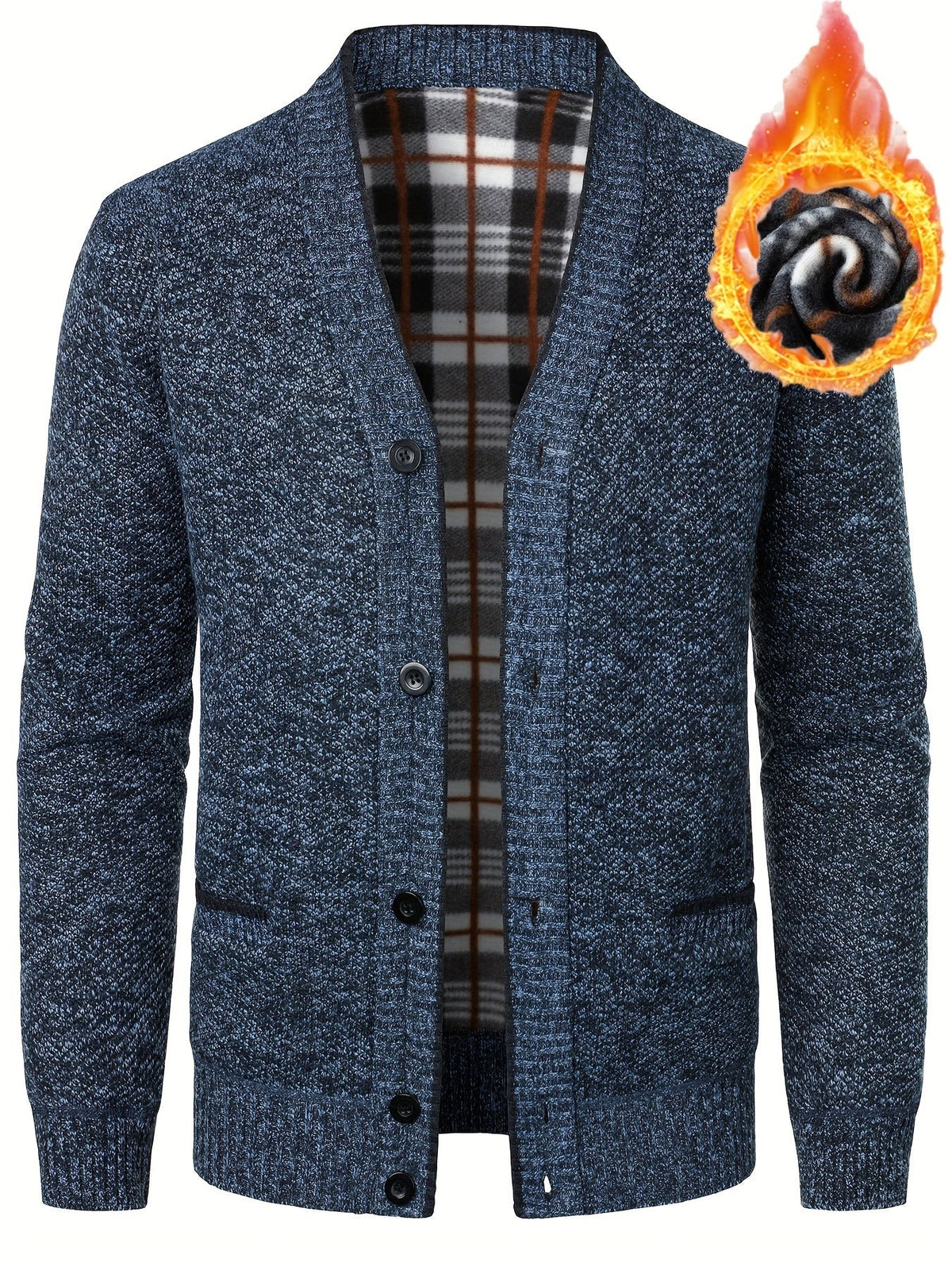 Navy knit cardigan with checked fleece lining and patch pockets