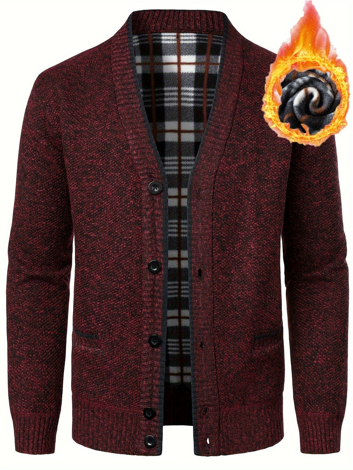 Burgundy marl cardigan featuring plaid fleece interior and buttons