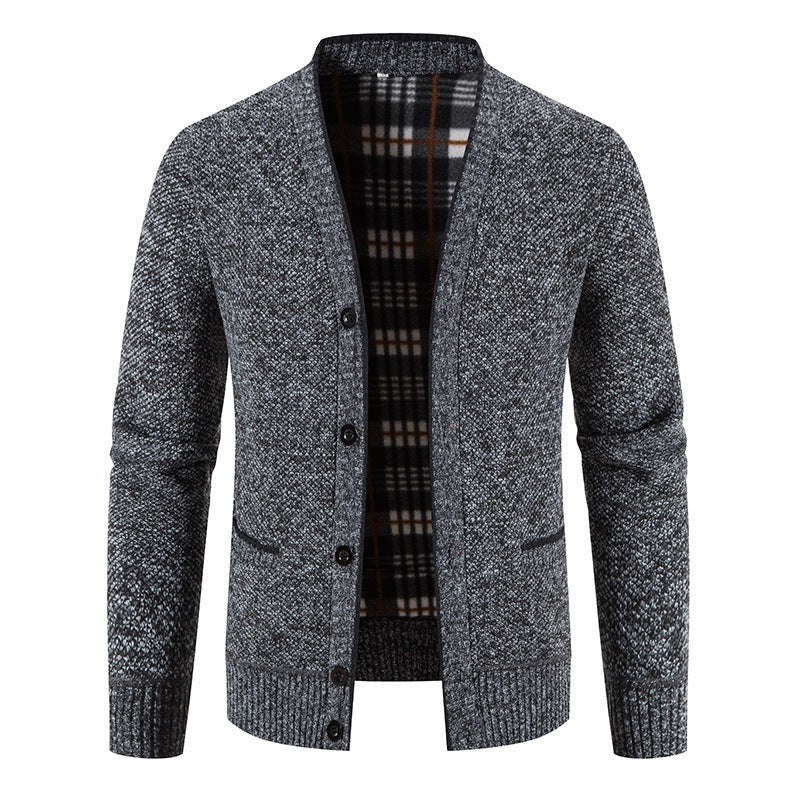 Grey knit cardigan displayed flat with tartan fleece lining visible