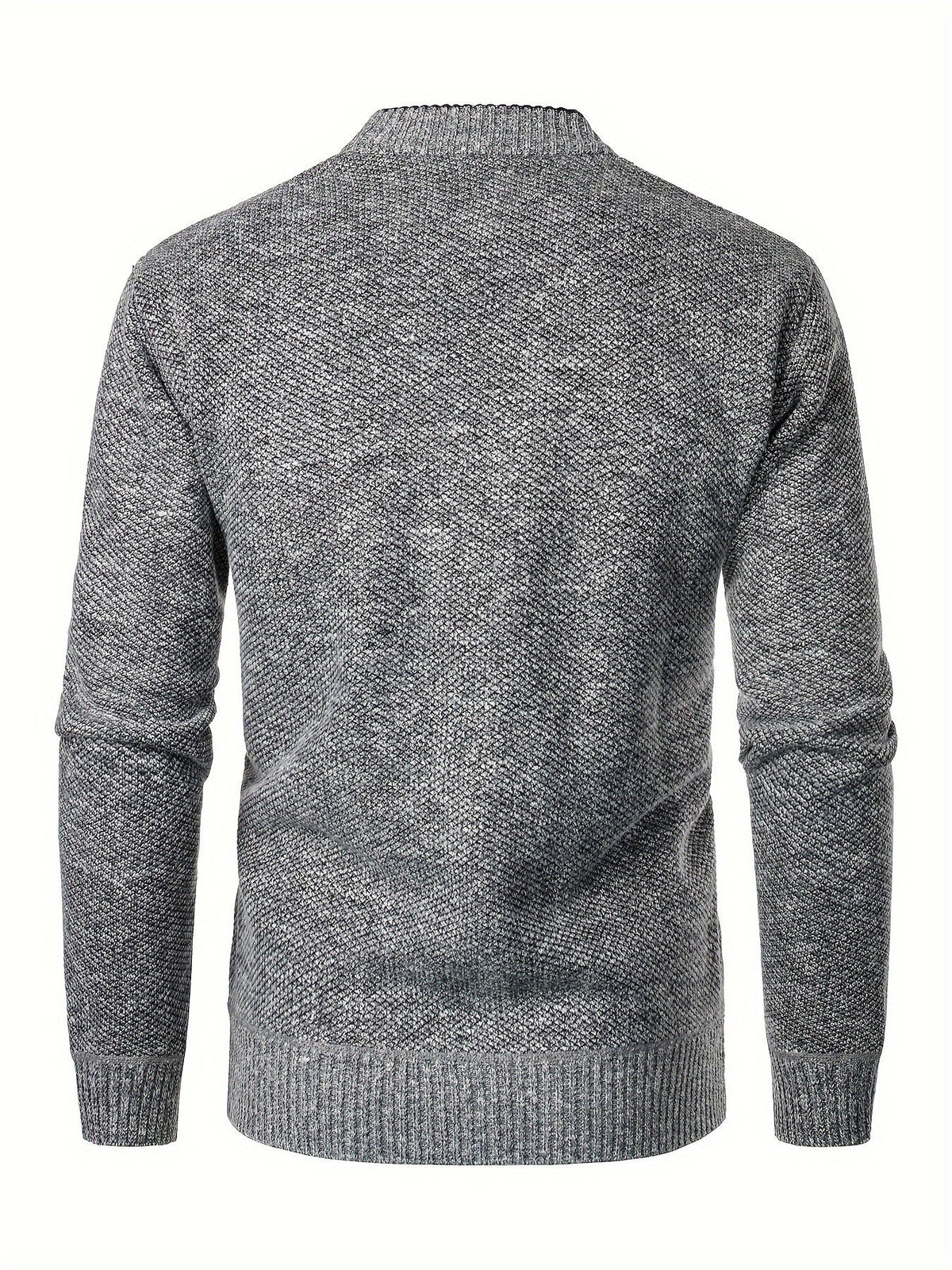 Back view of grey textured knit cardigan with ribbed cuffs