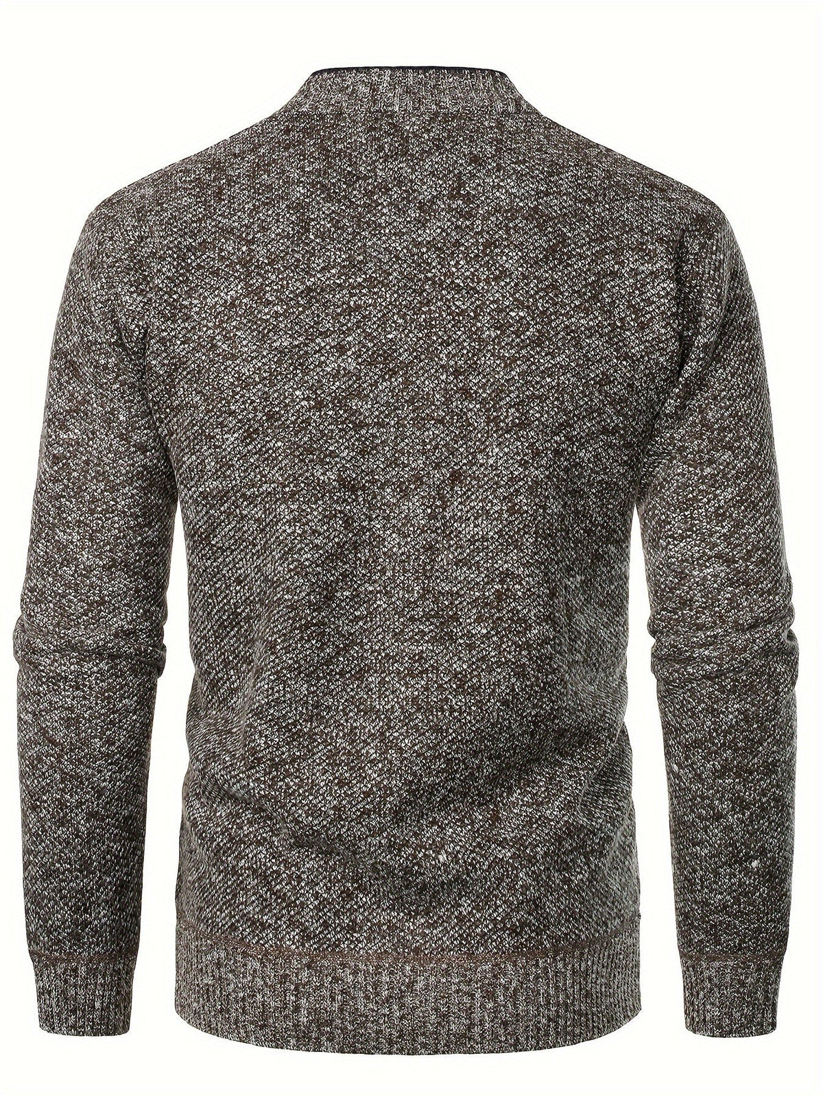 Back view of brown marl knit cardigan with ribbed hem
