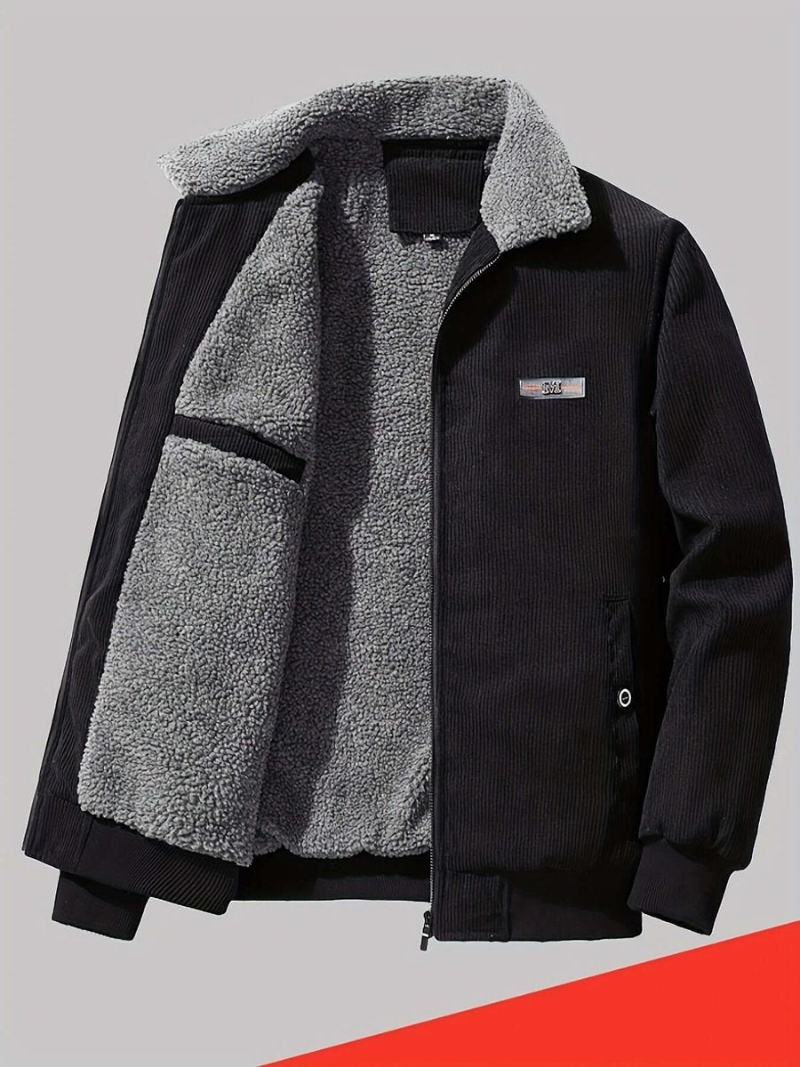 Black corduroy bomber jacket with grey sherpa fleece lining and collar