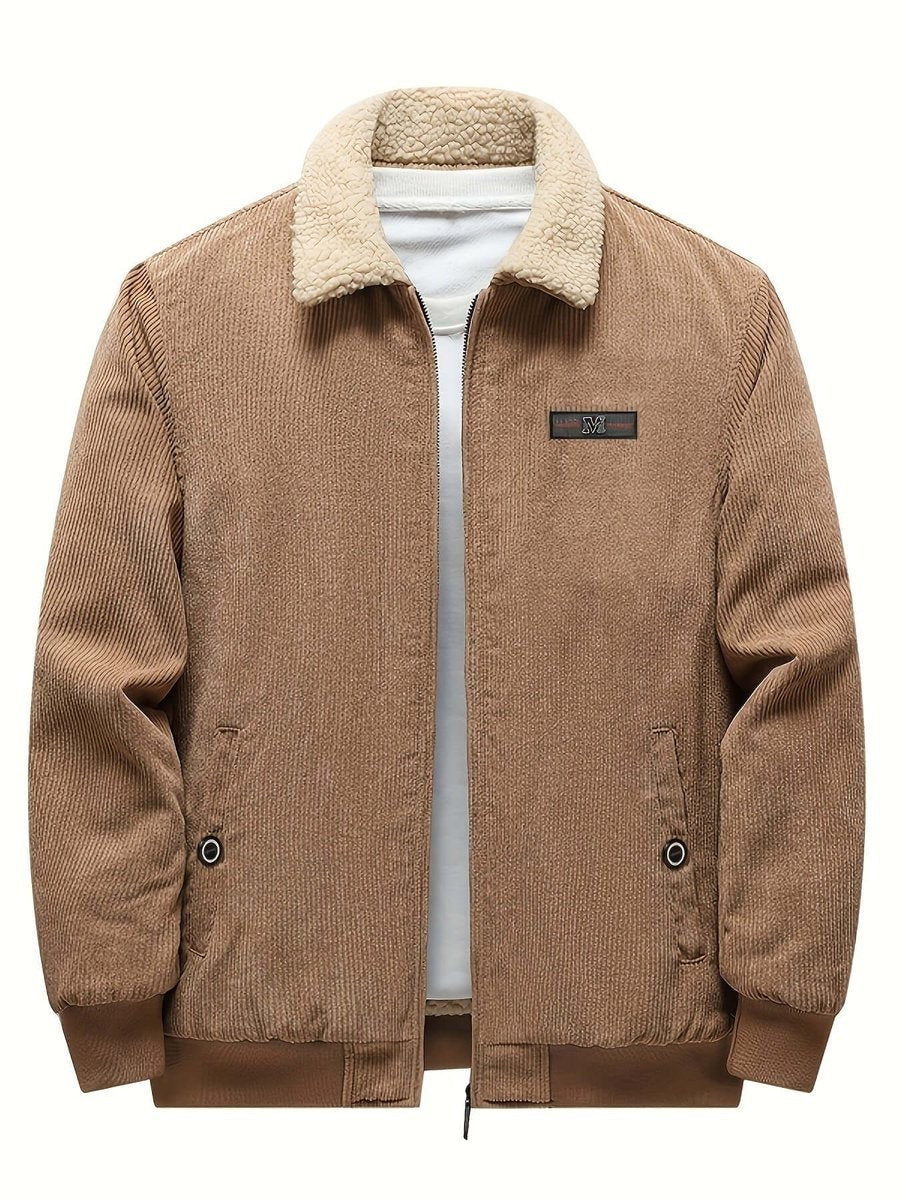 Camel corduroy bomber jacket with cream sherpa collar, front view