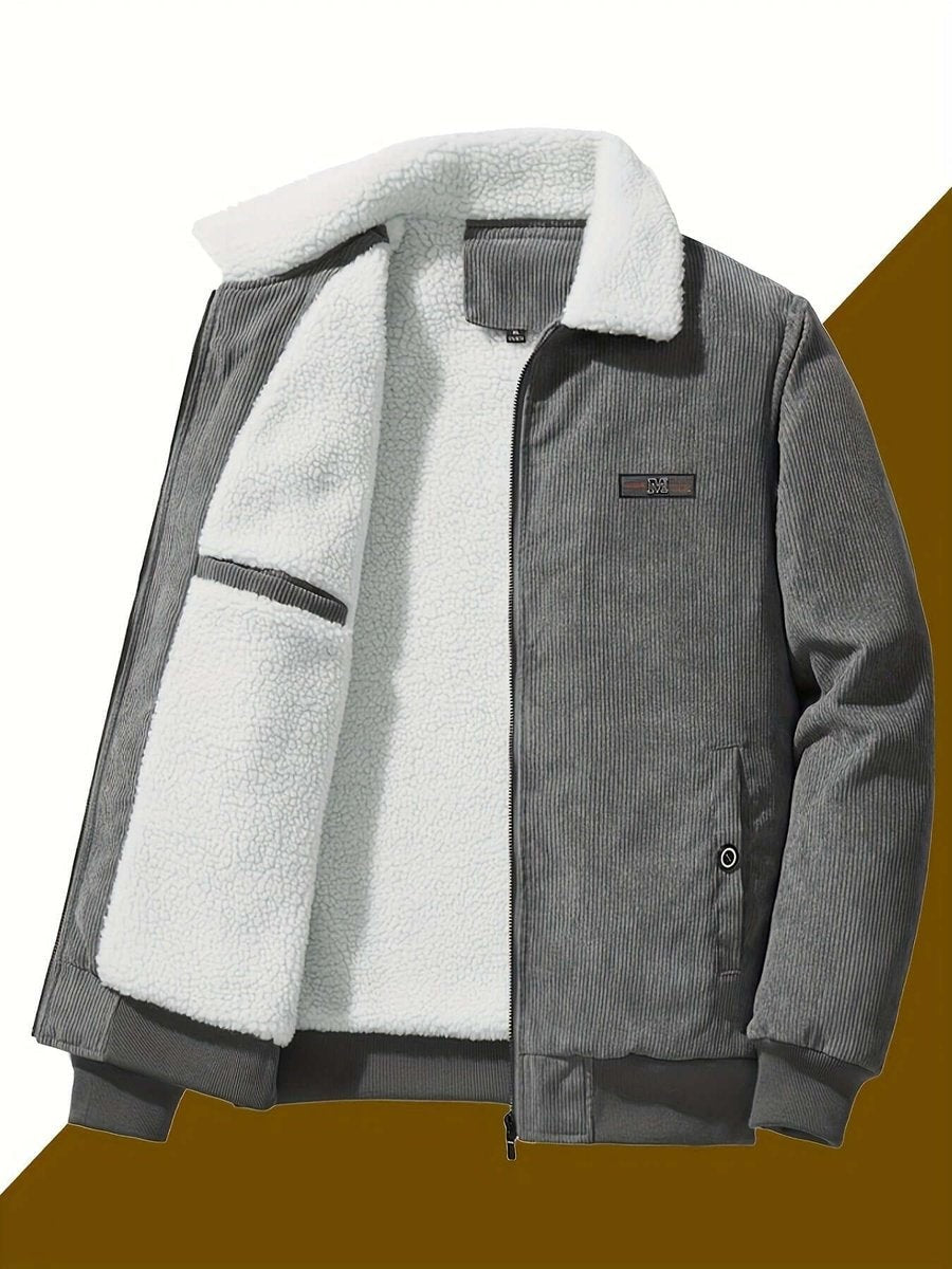 Grey corduroy jacket featuring white sherpa lining and turn-down collar