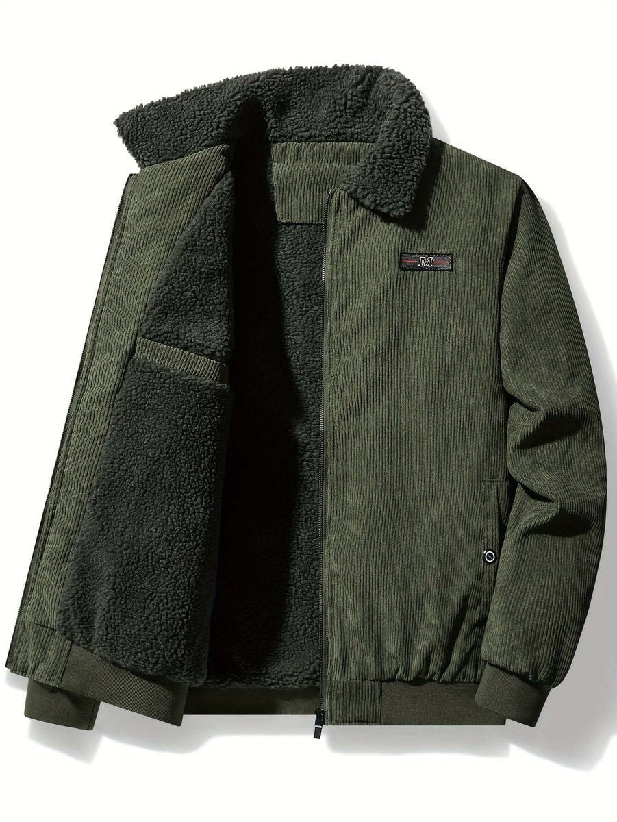 Olive green corduroy bomber jacket with matching sherpa fleece interior