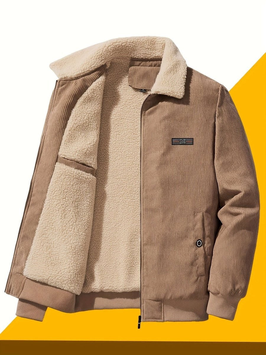Camel corduroy jacket showing cream sherpa fleece lining and collar