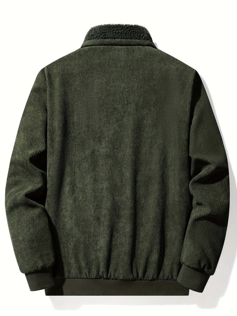Olive green corduroy jacket rear view showing ribbed sherpa collar