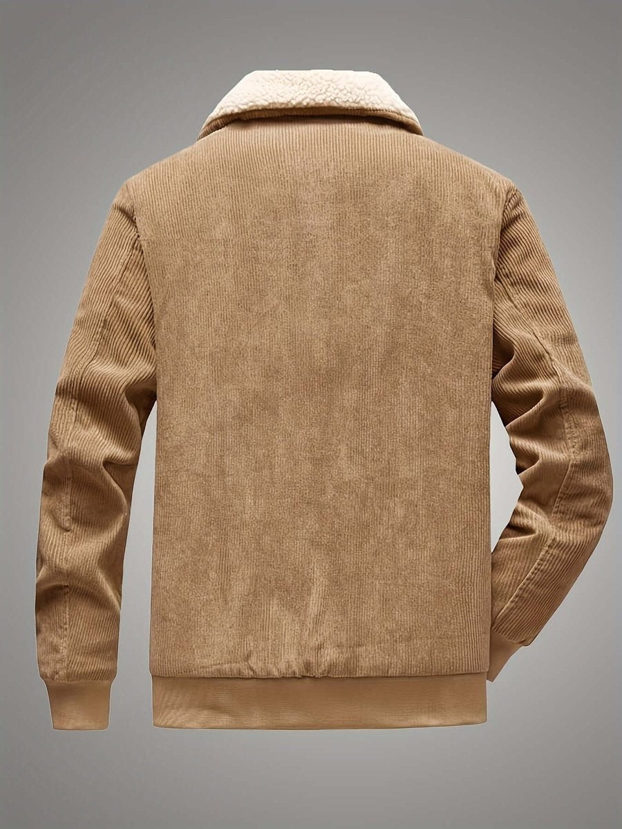 Camel corduroy jacket back view with cream sherpa fleece collar