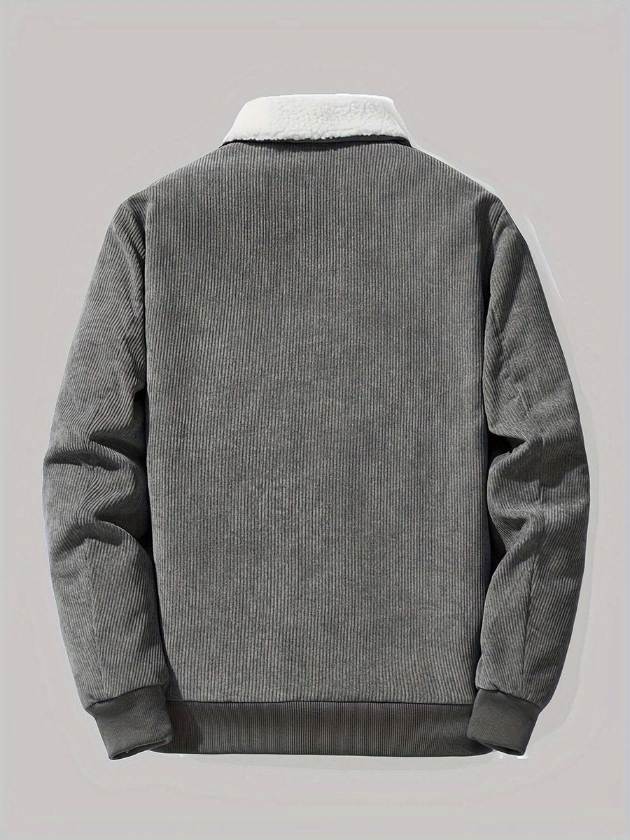 Grey corduroy jacket rear view featuring white sherpa fleece collar