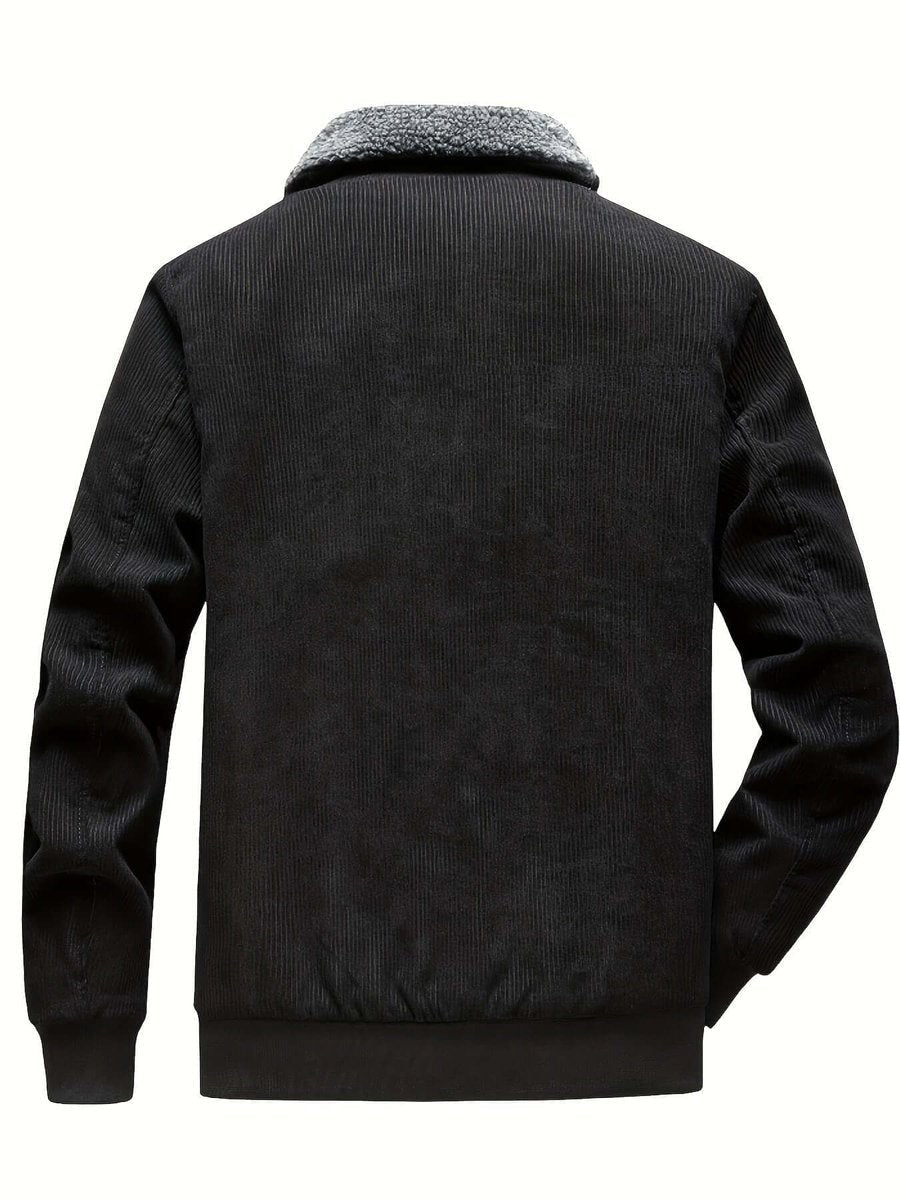 Black corduroy jacket back view with grey sherpa fleece collar