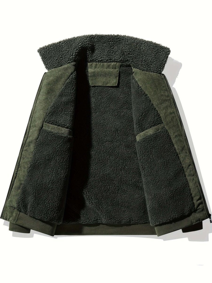 Olive green corduroy jacket open flat showing sherpa fleece lining