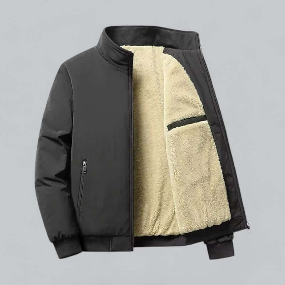 Black bomber jacket open to reveal cosy cream sherpa fleece lining