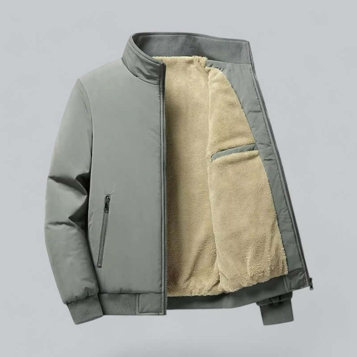 Grey waterproof bomber jacket unzipped to display fleece lining and stand collar