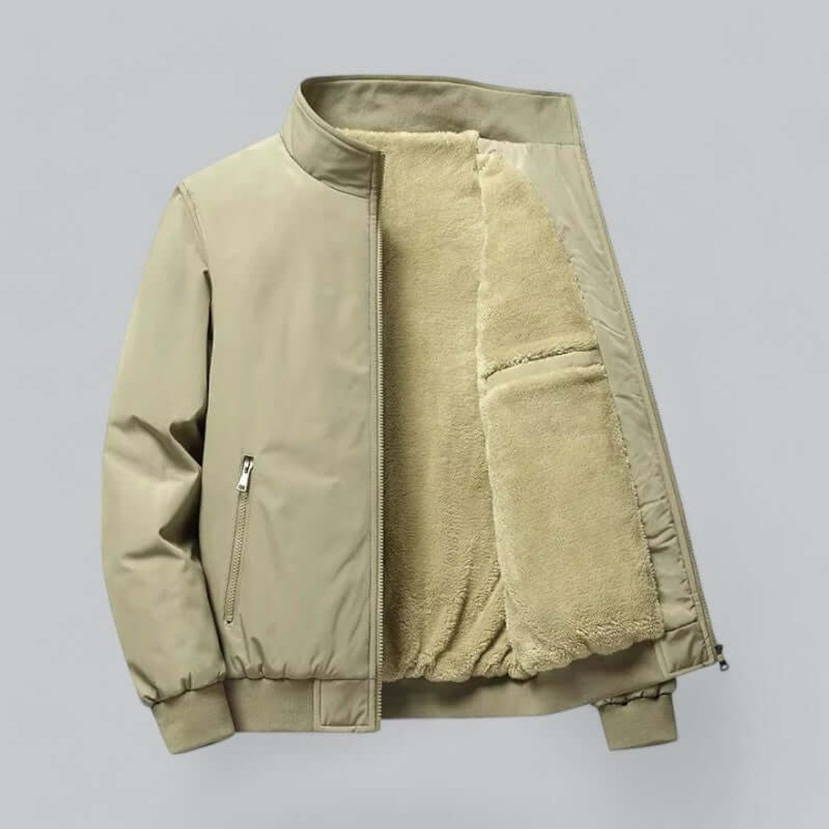 Khaki fleece-lined bomber jacket open showing sherpa lining and zip pocket