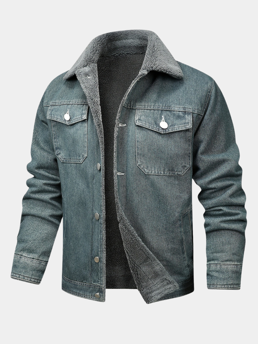 Men's blue denim jacket with sherpa collar and chest pockets, unbuttoned front