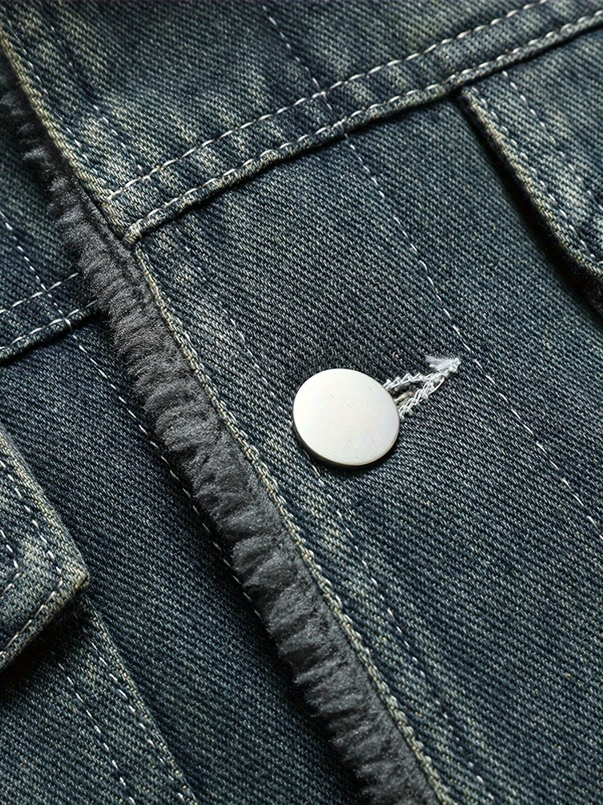 Macro shot of denim jacket button fastening with contrast white stitching