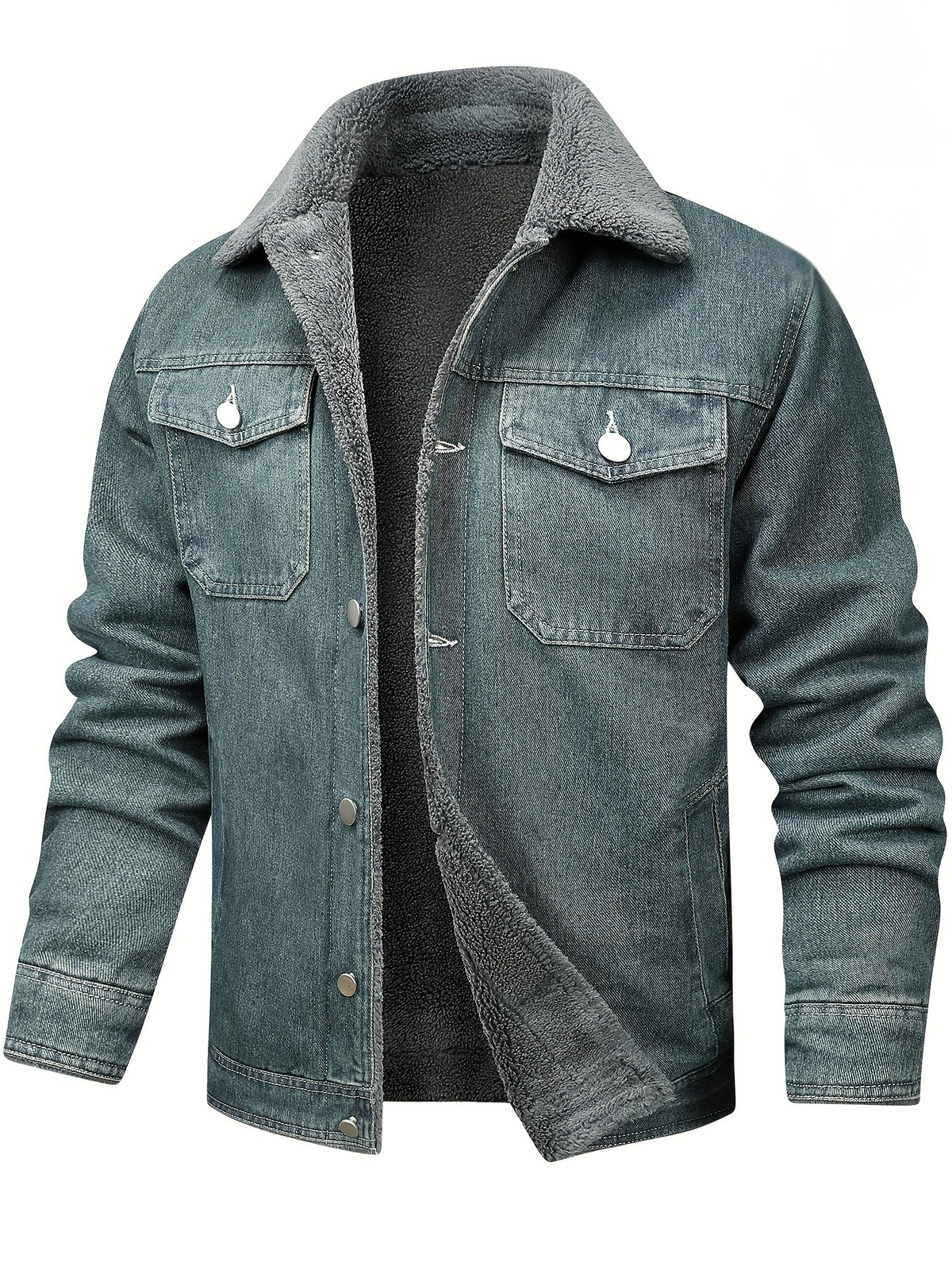 Faded blue denim jacket featuring fleece lining and button-down chest pockets