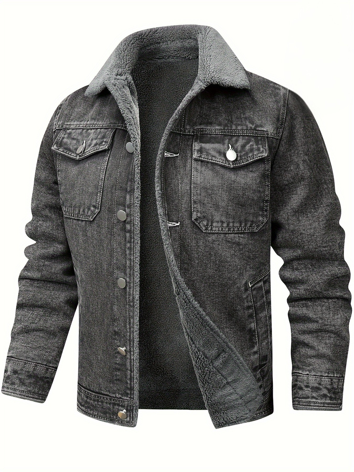 Grey washed denim jacket with fleece-lined collar and press-stud fastenings