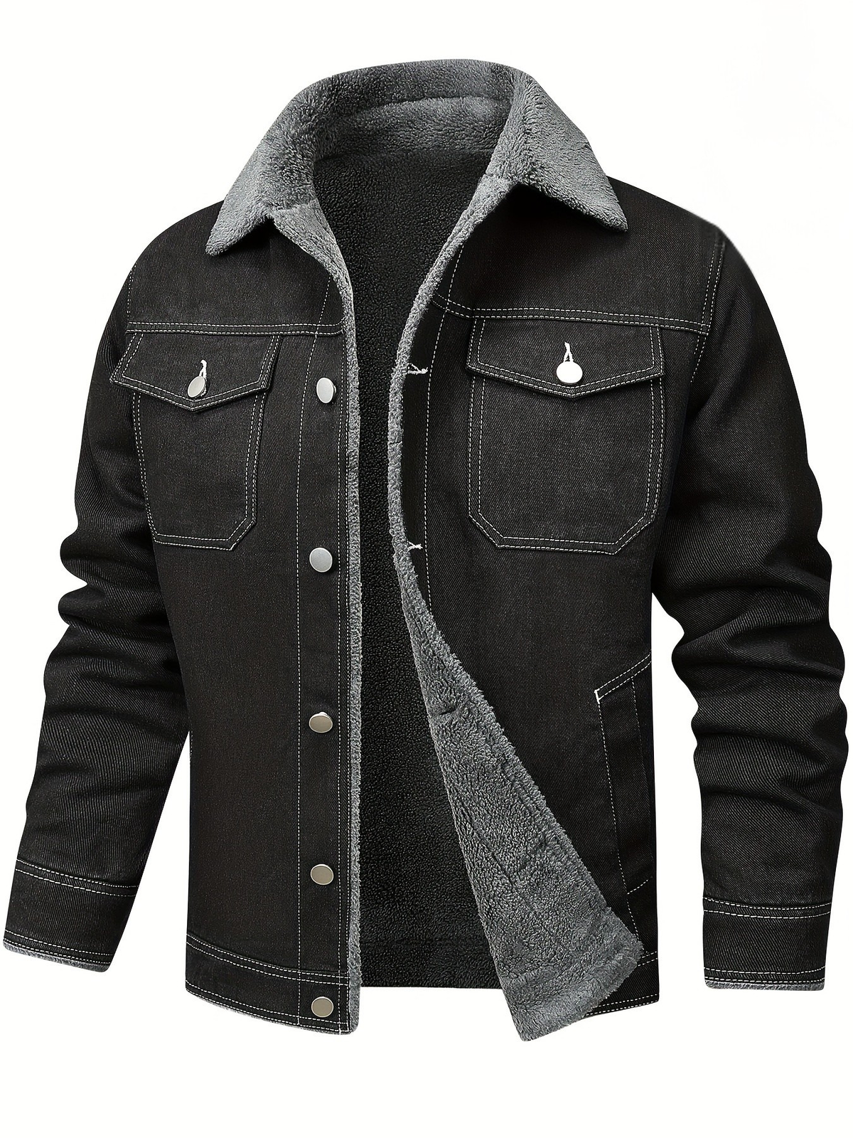 Black denim jacket showing fleece collar and twin flap chest pockets