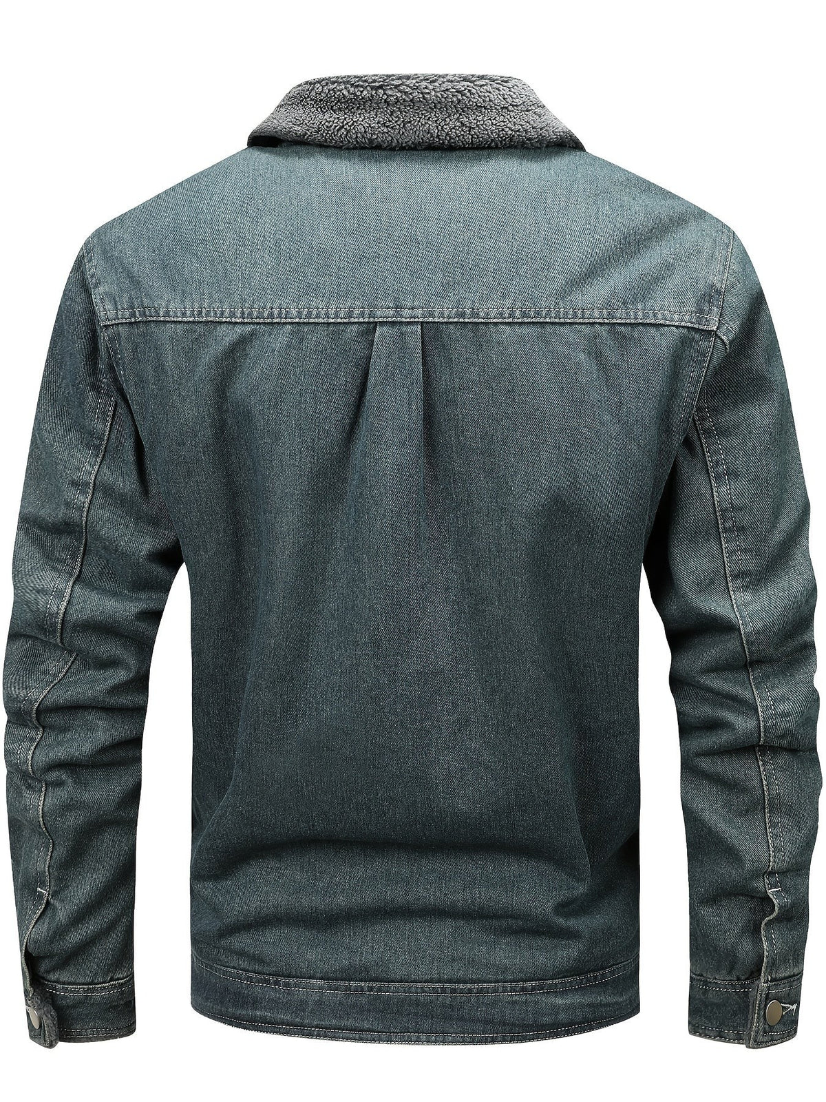Black denim jacket rear view highlighting fleece collar and back yoke stitching