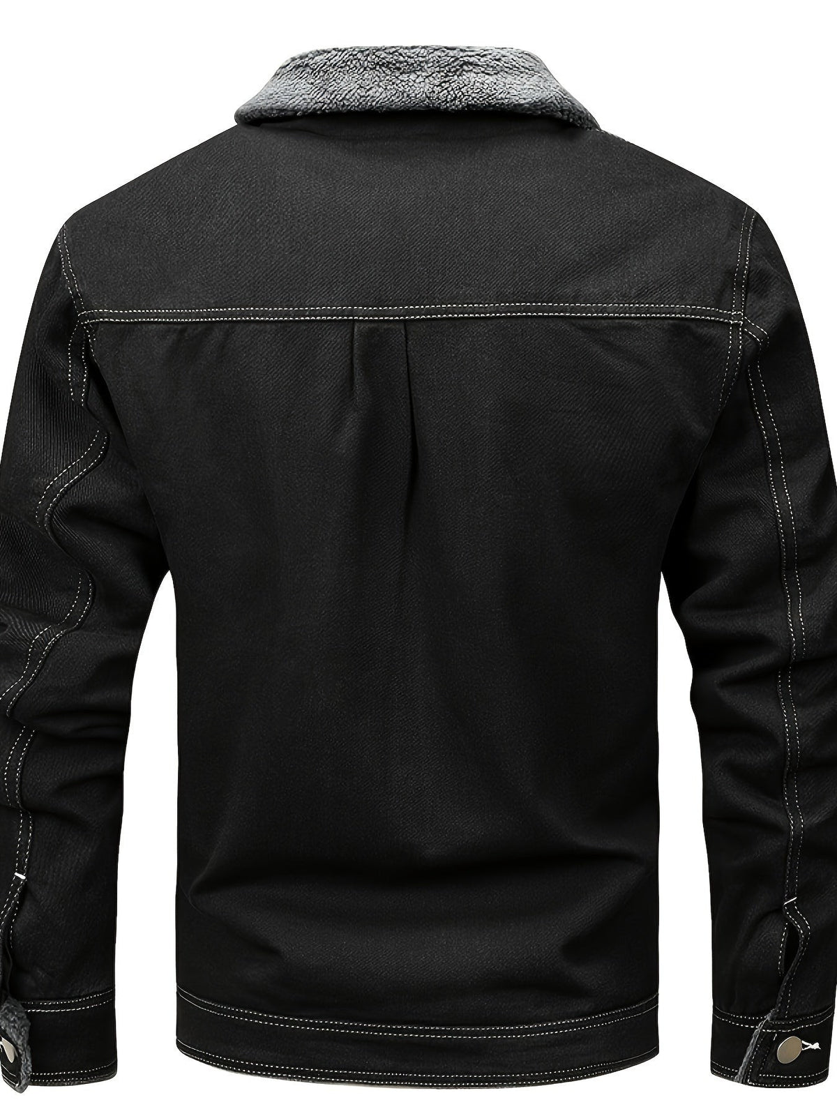 Grey denim jacket back view with sherpa collar and contrast topstitching