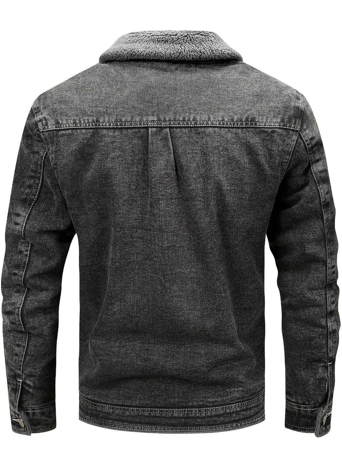 Washed grey denim jacket reverse side featuring fleece-trimmed collar detail