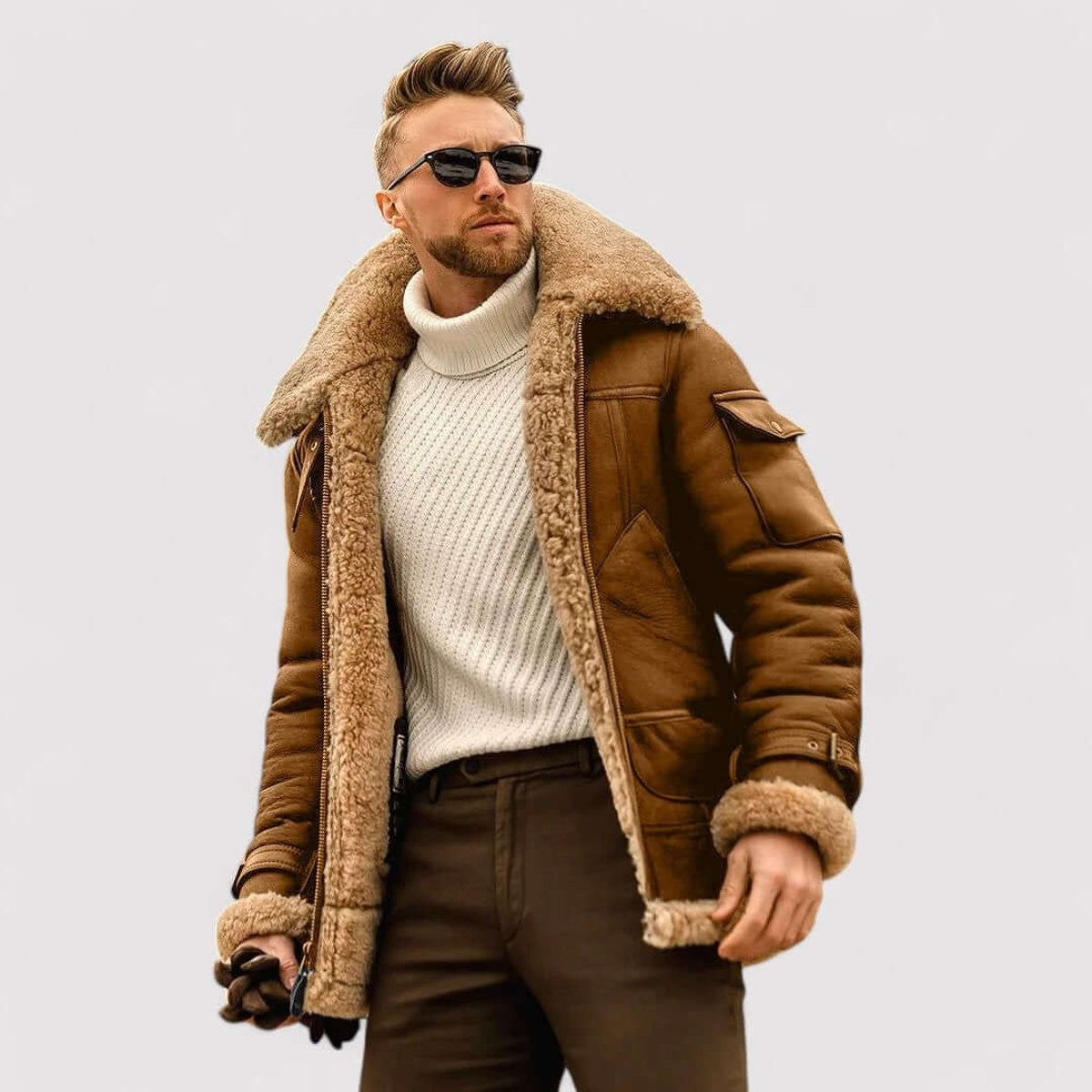 Tan shearling bomber jacket with fleece collar worn over cream jumper