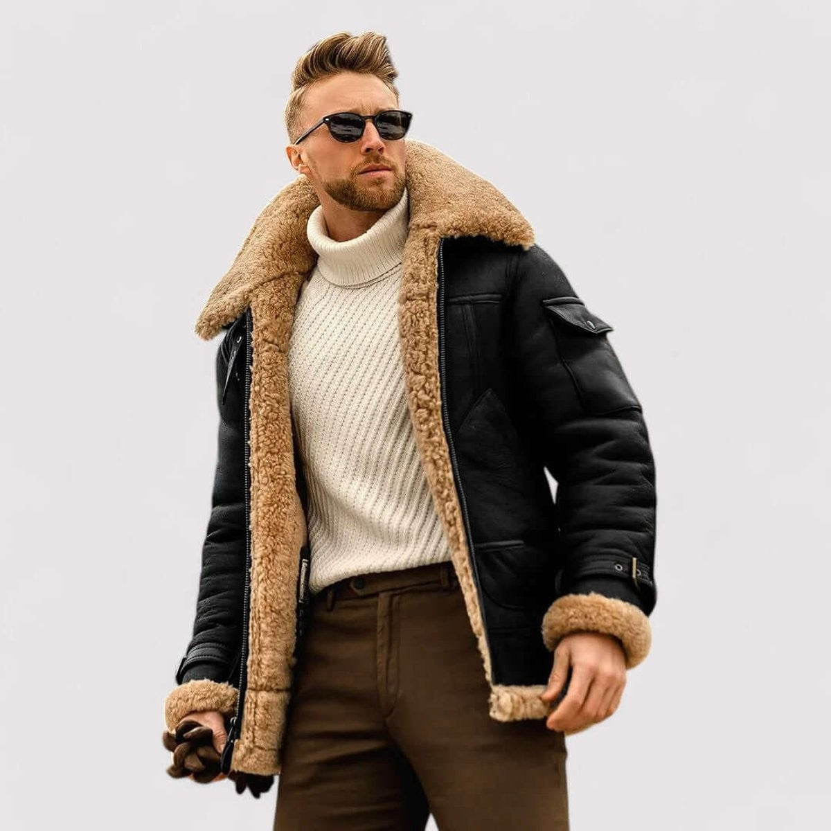 Black shearling aviator jacket featuring thick fleece lining and collar