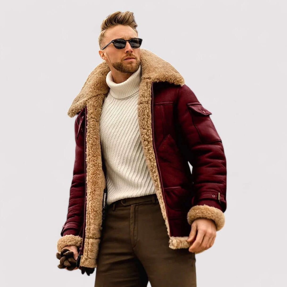 Burgundy shearling bomber coat styled with cream turtleneck jumper