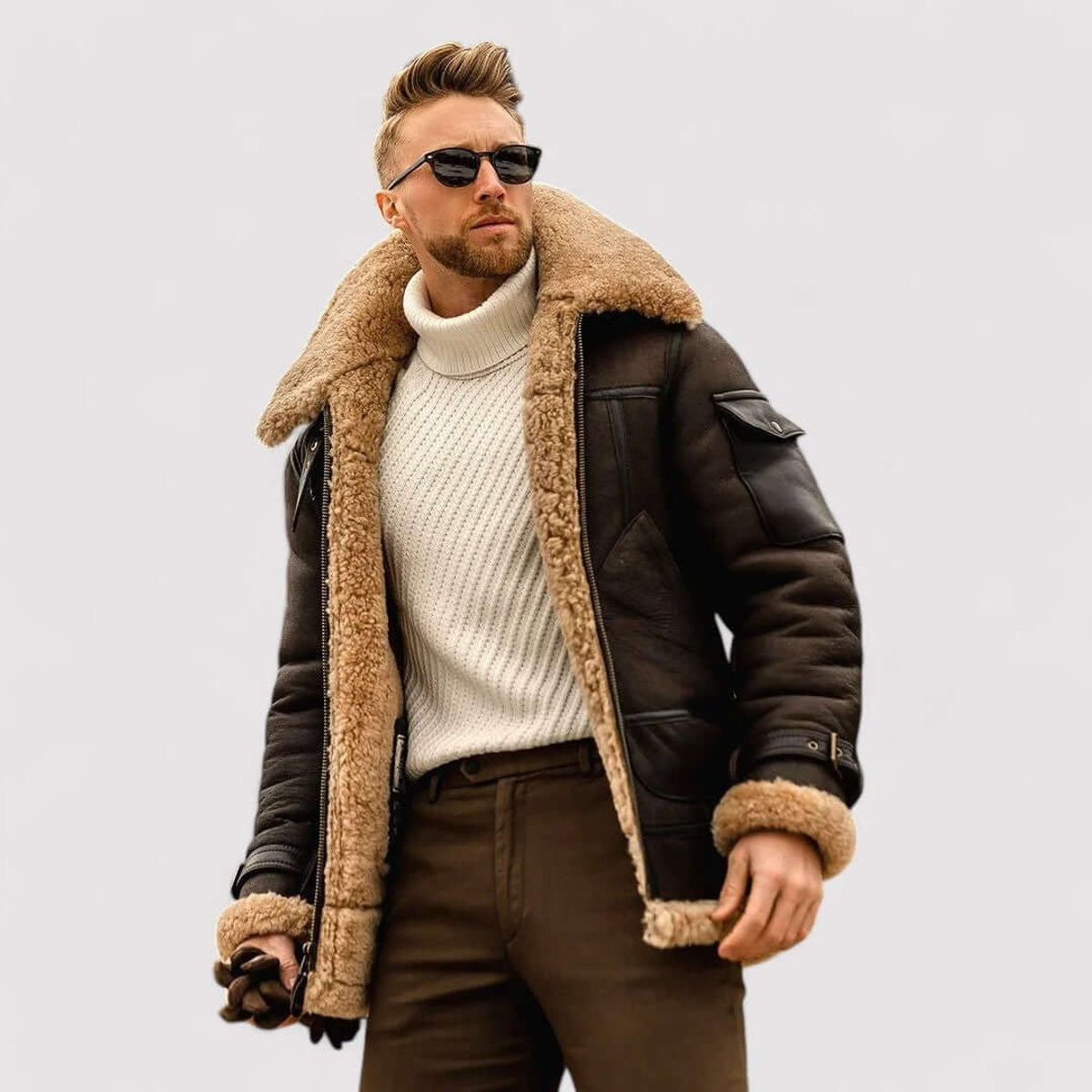 Dark brown shearling aviator jacket with fleece trim and pockets