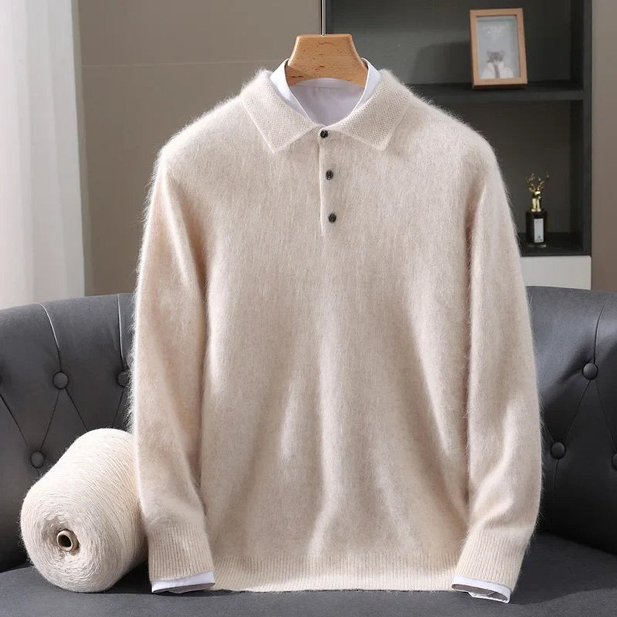 Cream fluffy knitted polo jumper with long sleeves and button collar