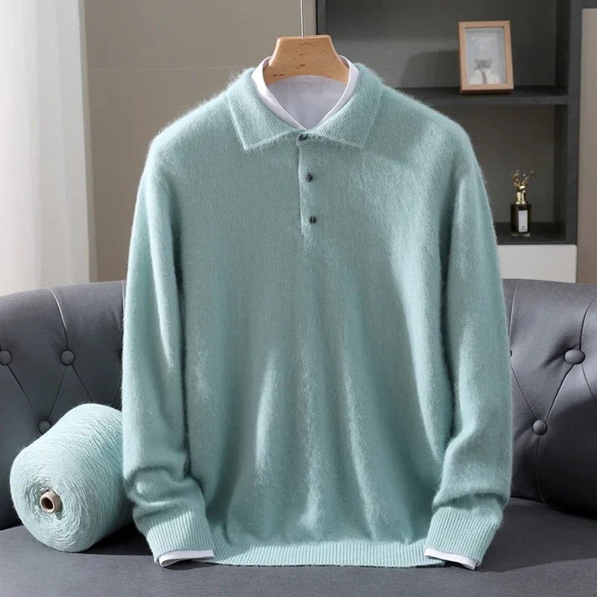 Mint green mink knit polo jumper with ribbed cuffs and collar