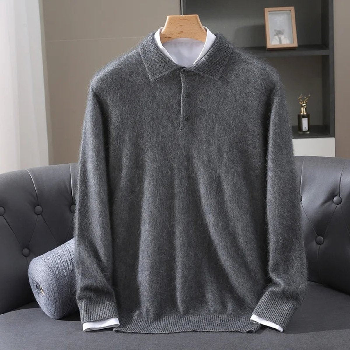 Charcoal grey fluffy knitted polo jumper with long sleeves for men