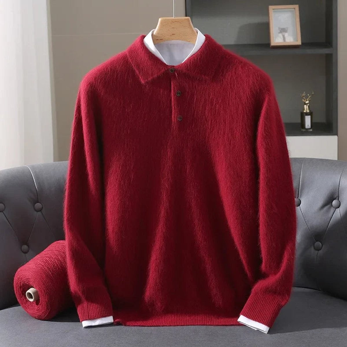 Burgundy red mink knit polo jumper with three-button collar detail