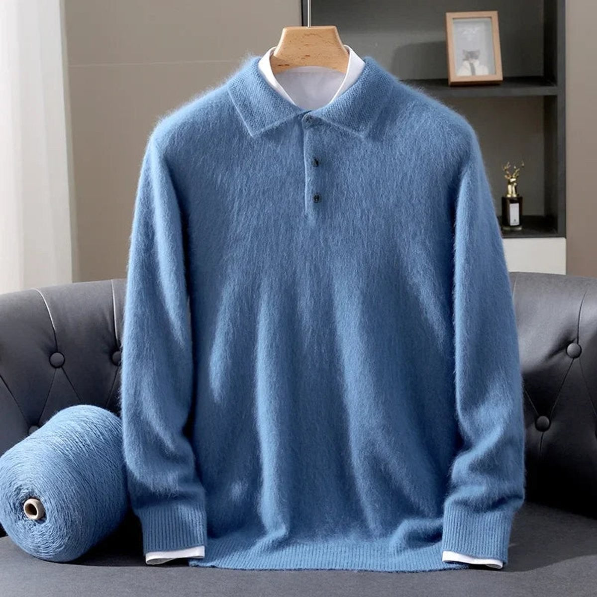 Sky blue fluffy knitted polo jumper with layered white collar