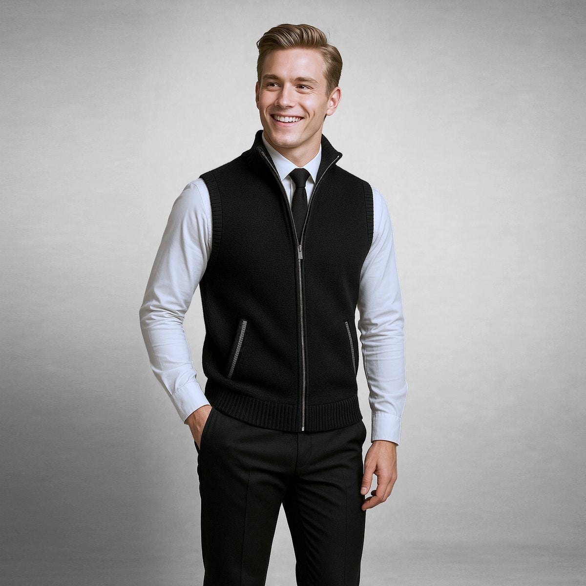 Man wearing black knitted sleeveless cardigan with stand collar and zip fastening