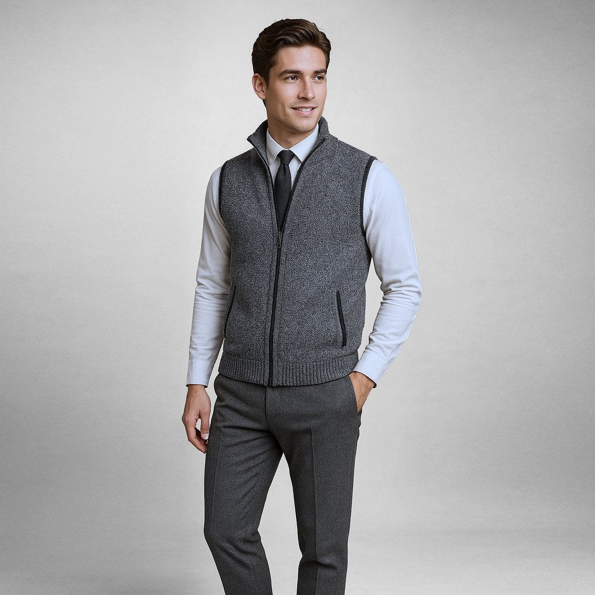 Grey marl knitted gilet worn over a shirt and tie for smart-casual style