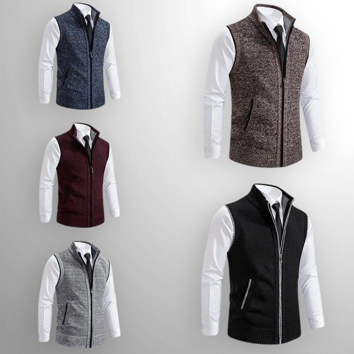 Five colourways of men's knitted zip-up gilets displayed in navy, burgundy, grey, brown and black