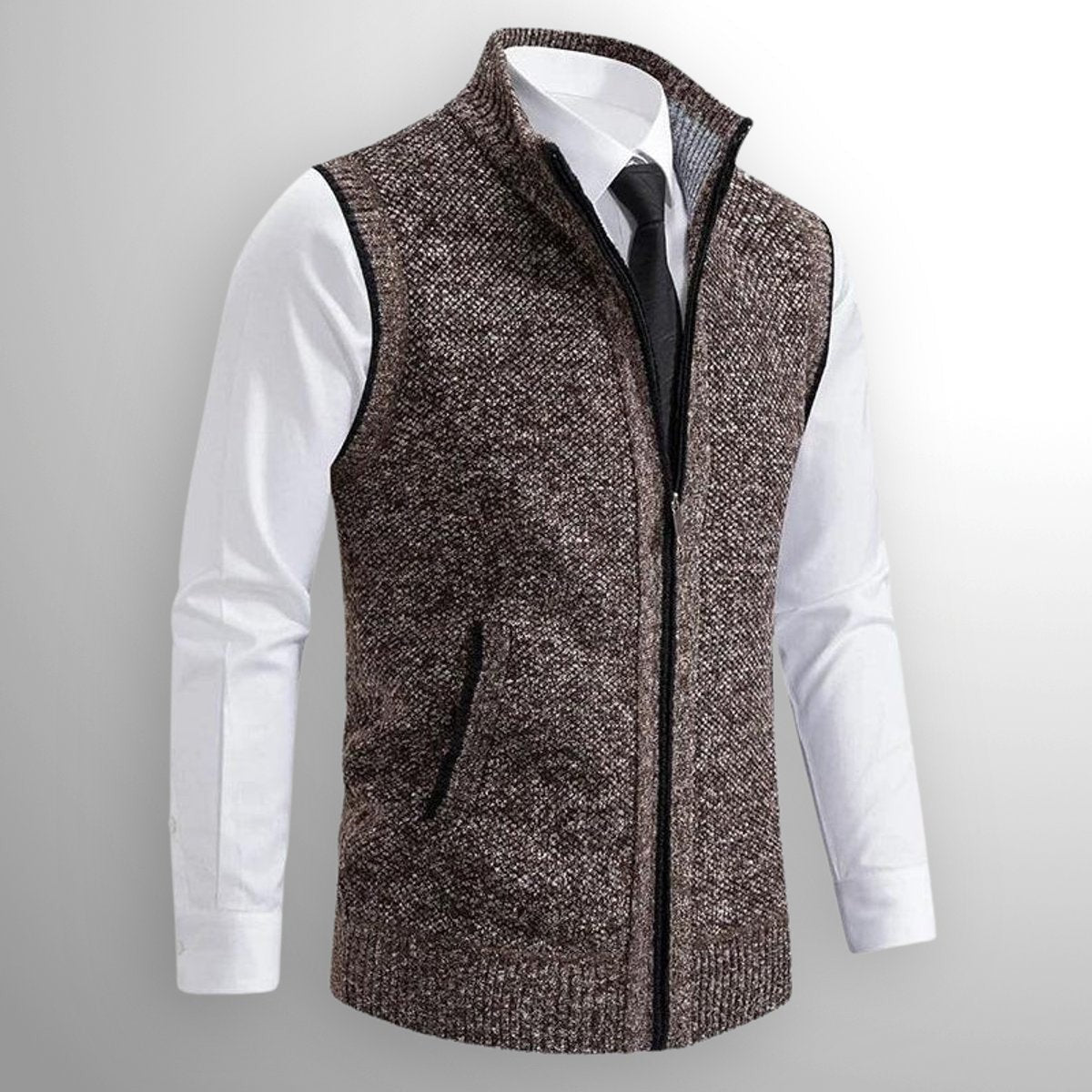 Brown flecked knitted gilet with stand collar and front zip closure