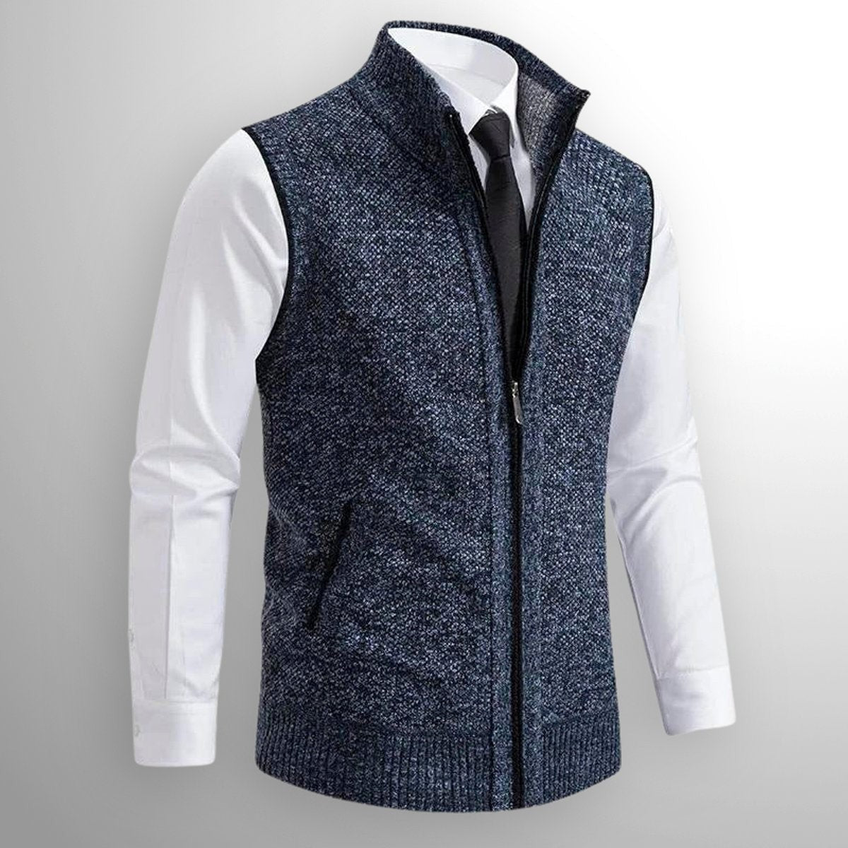 Navy textured knitted sleeveless cardigan with full-zip front and ribbed hem