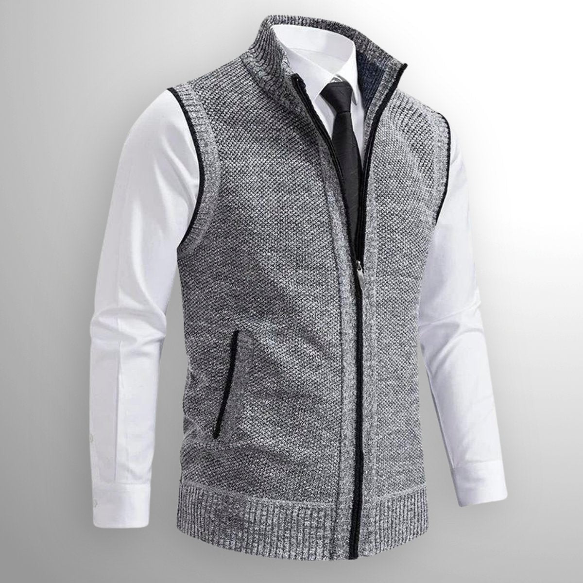 Light grey knitted zip gilet with contrast piping and ribbed trim